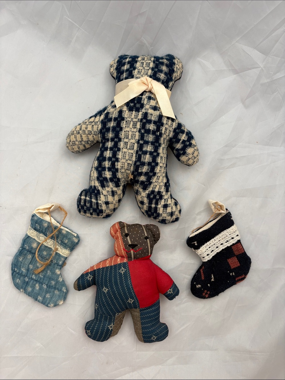 Handmade Navy and Cream Plaid Decorative Bear with Antique Woven Tapestry Fabric